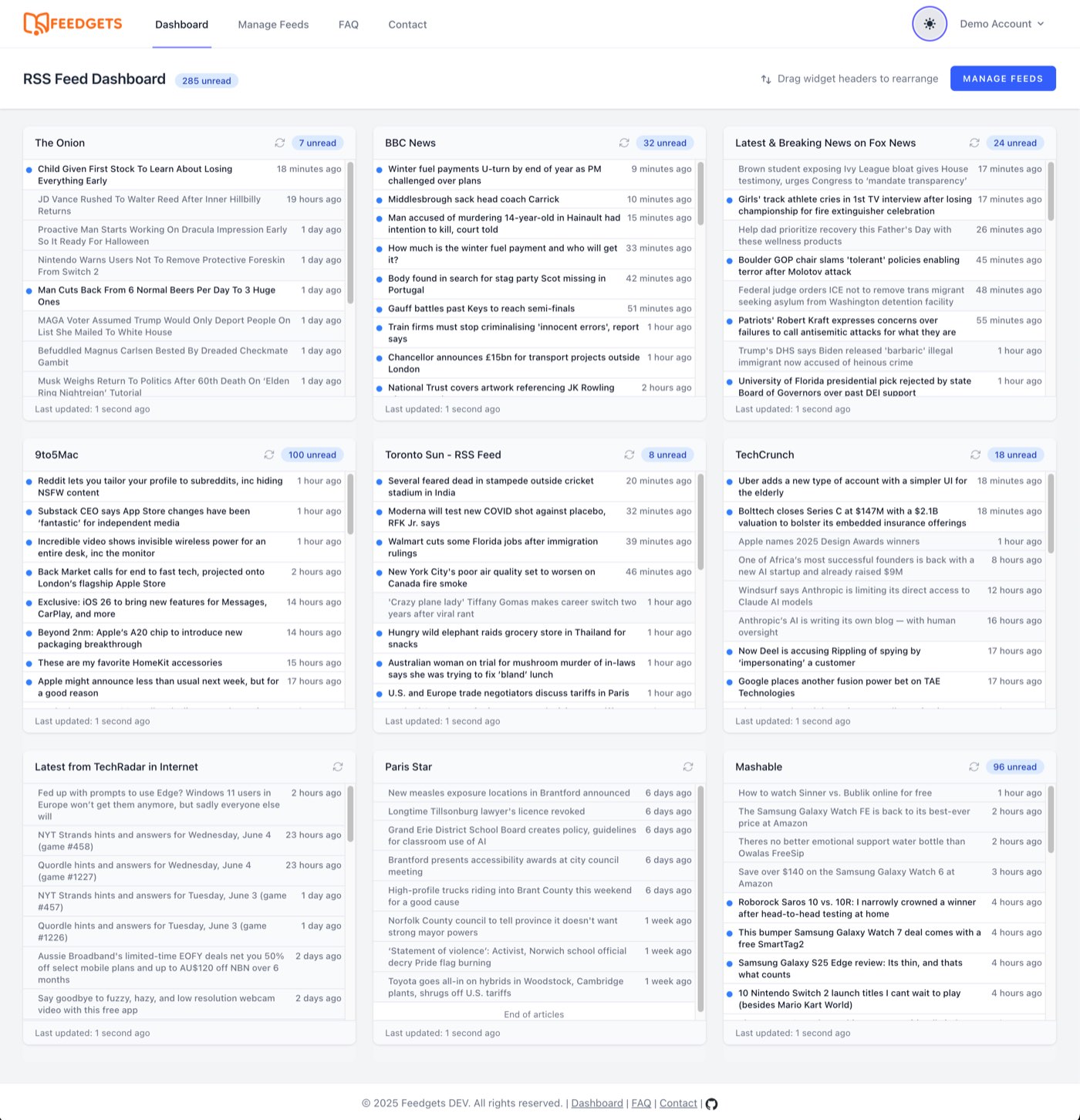 The Feedgets dashboard